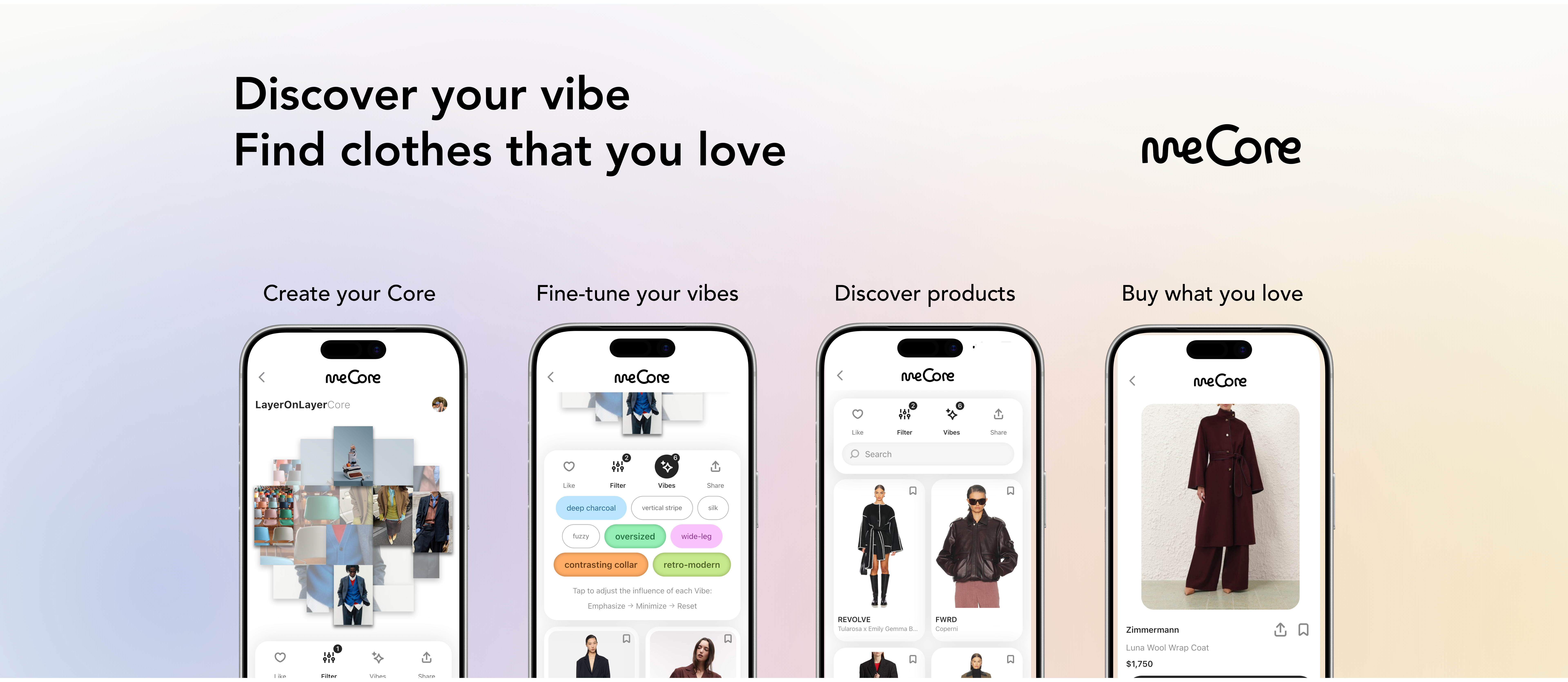 Four meCore app screens — Create your Core, Fine-tune your vibes, Discover products, Buy what you love — on a pastel gradient
